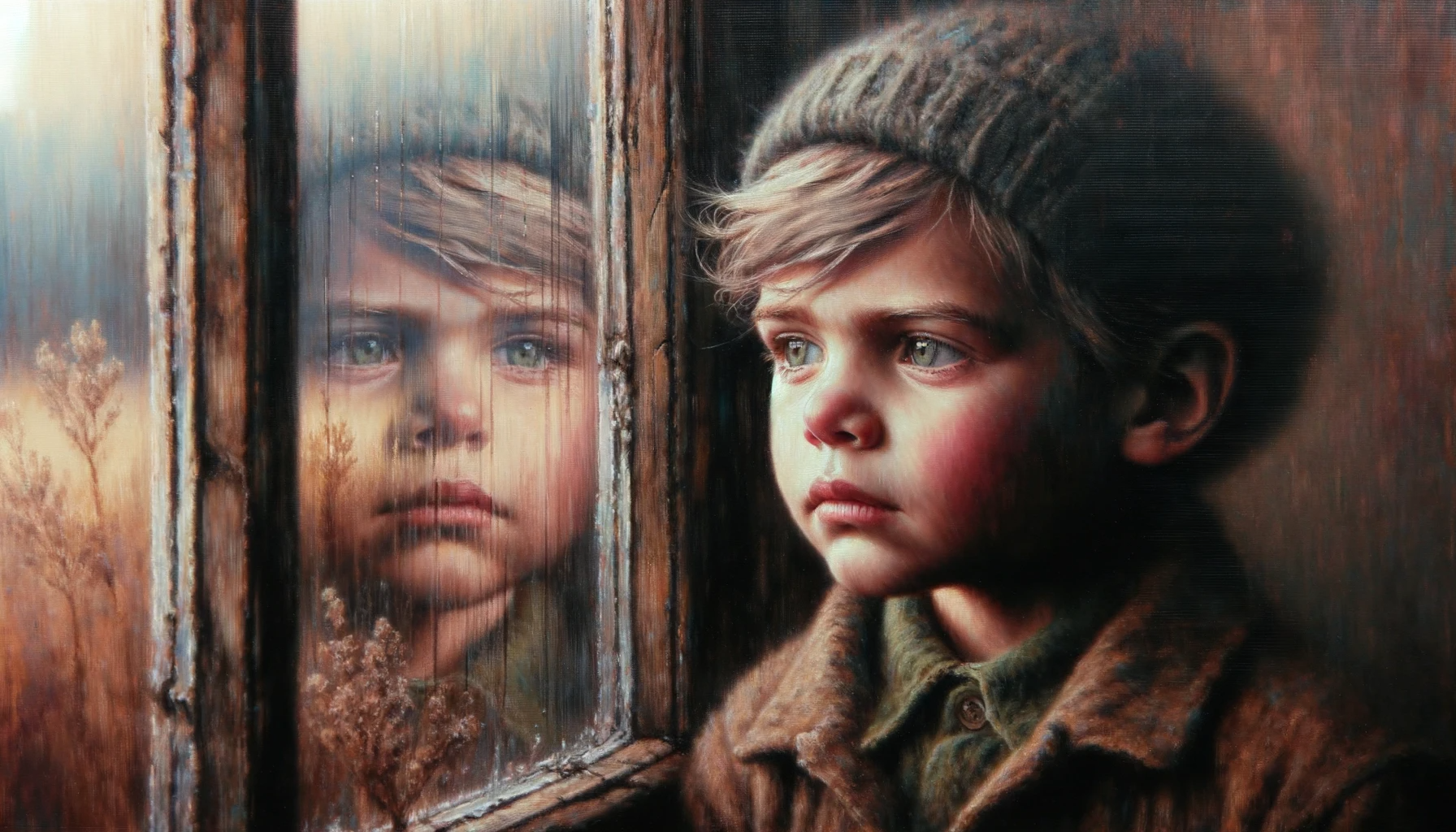 a painting of a young boy looking out a window