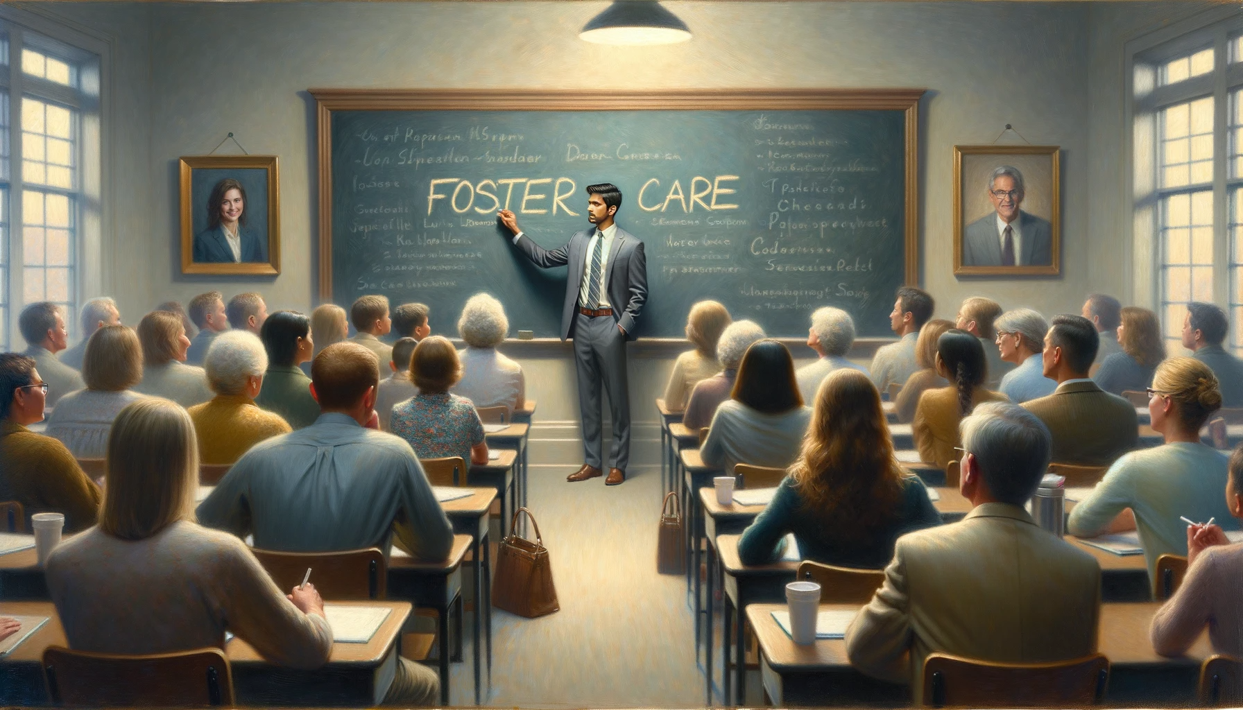a man stands in front of a blackboard with the word foster care written on it