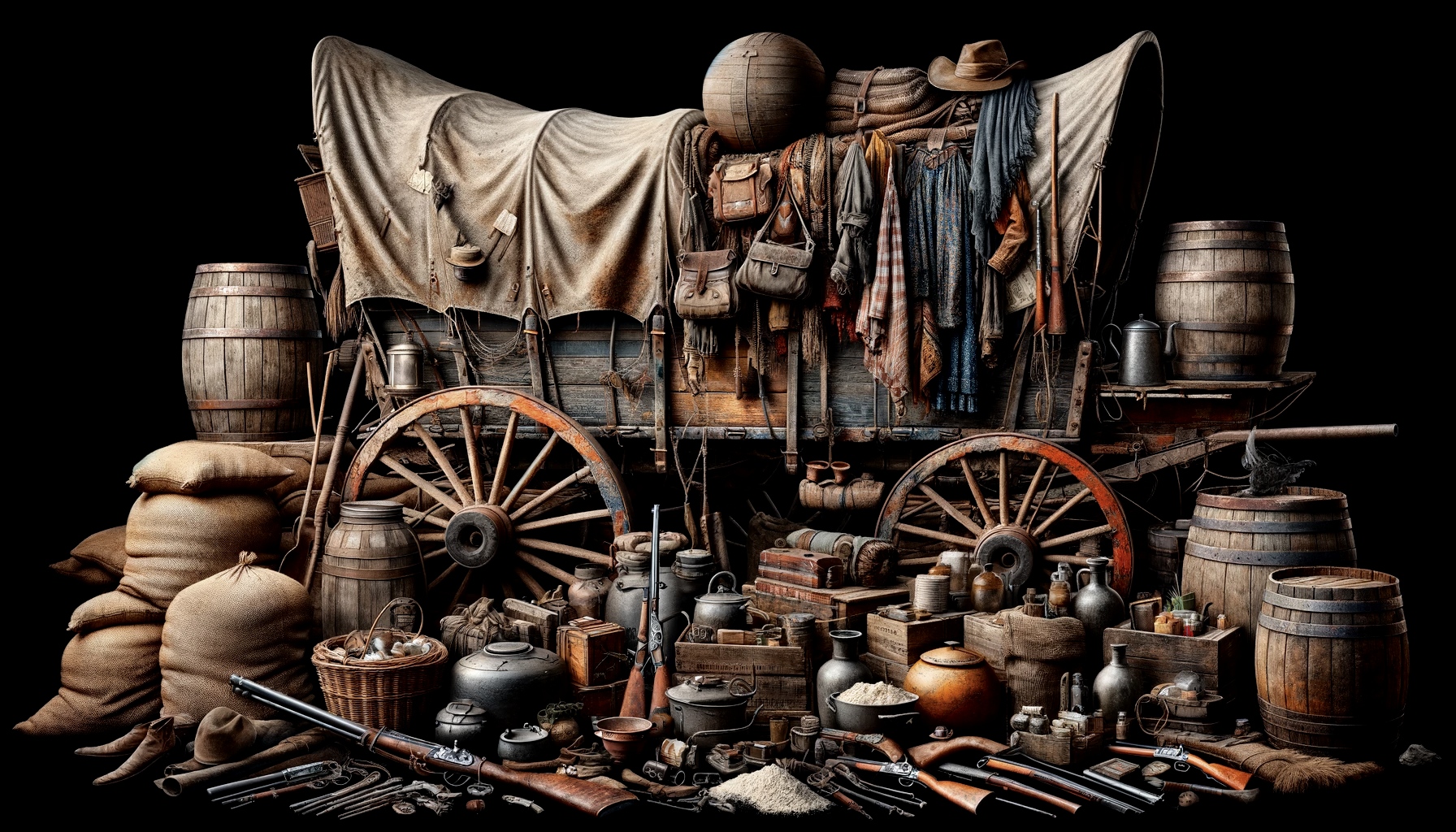 a covered wagon is surrounded by barrels and other items .
