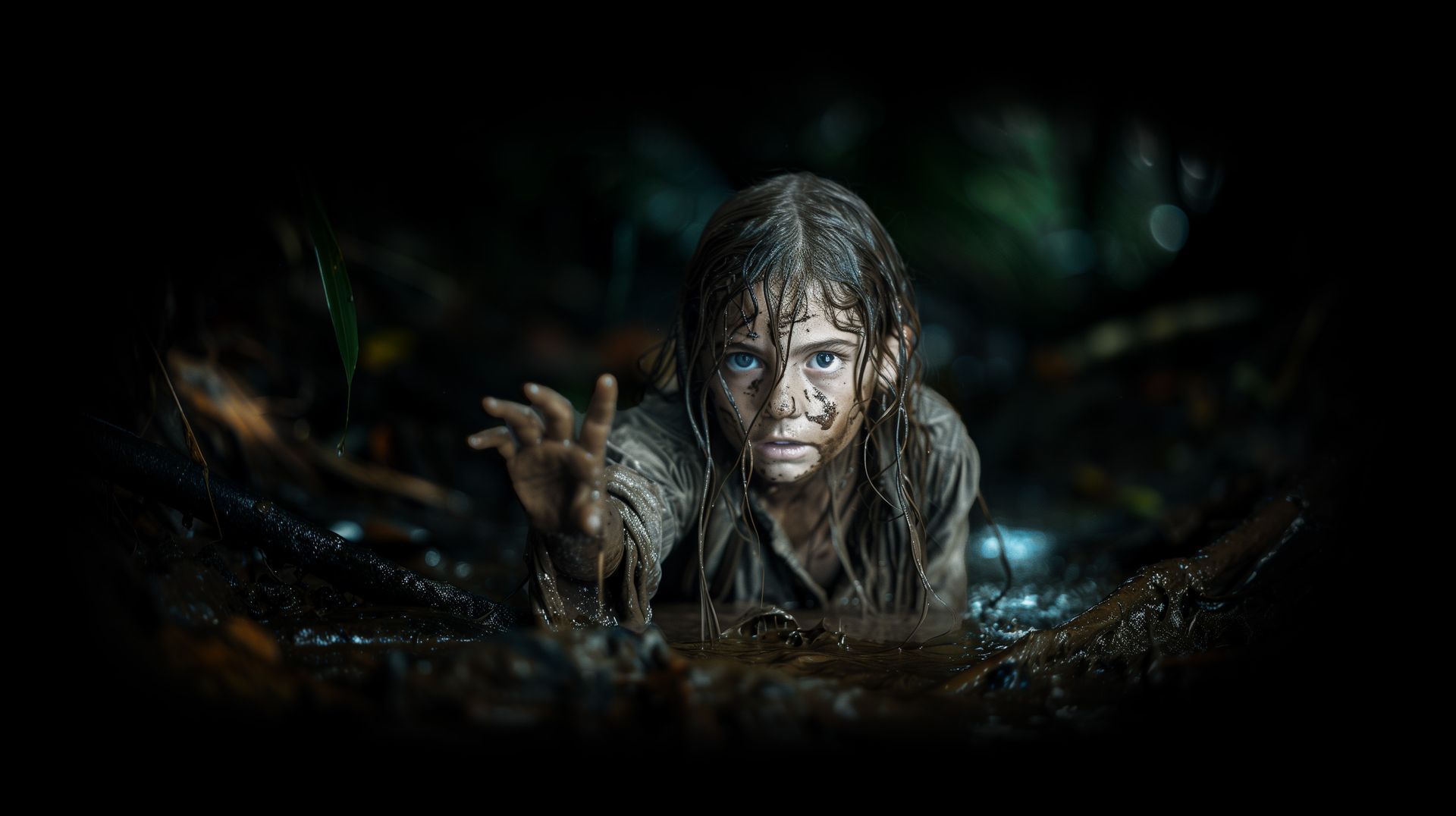 a young girl is crawling through a muddy puddle .