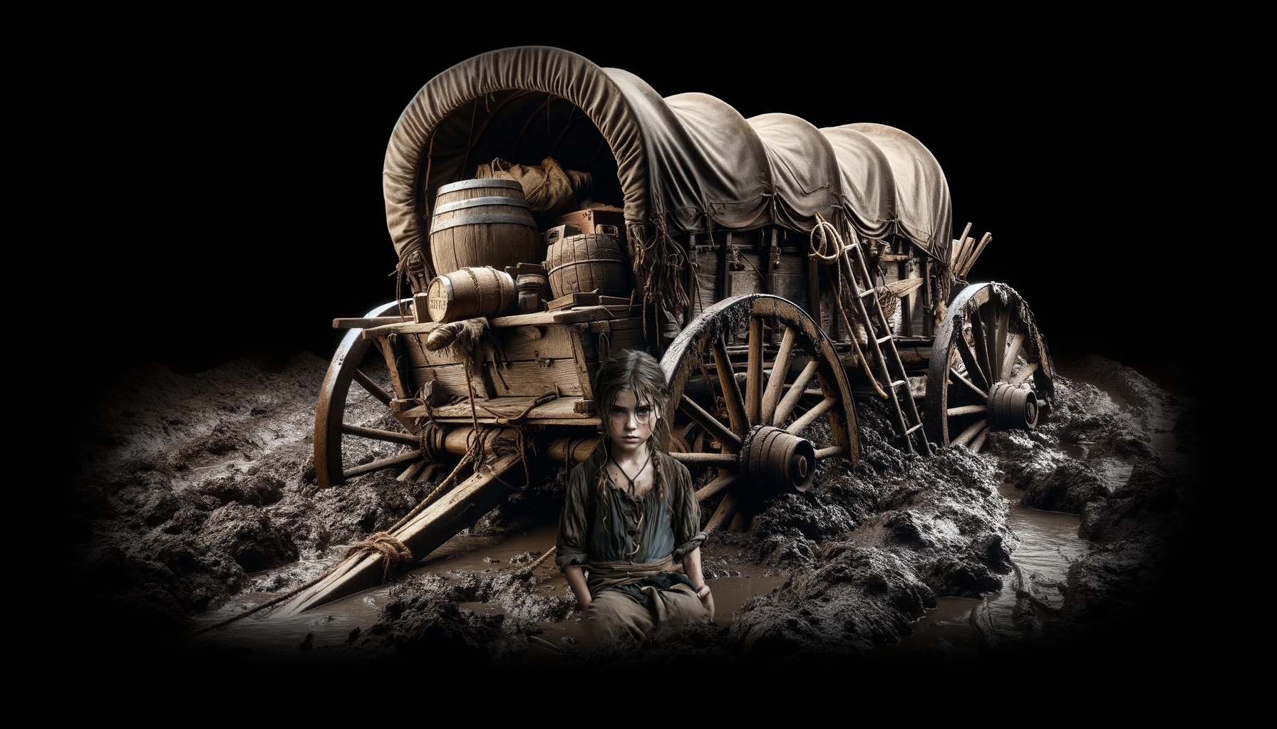 a man is standing next to a covered wagon in the mud .