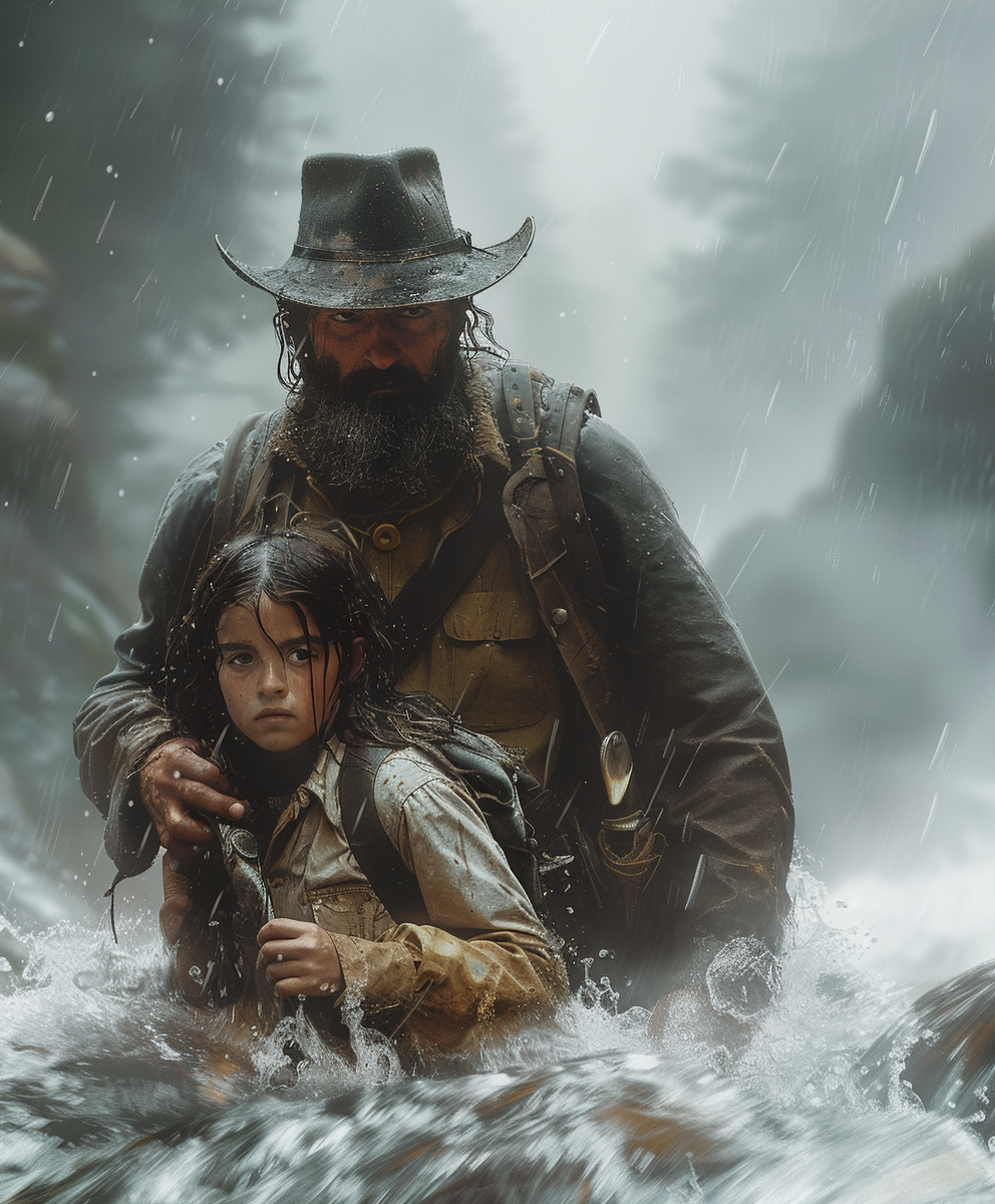 a man in a cowboy hat is saving a little girl in a river