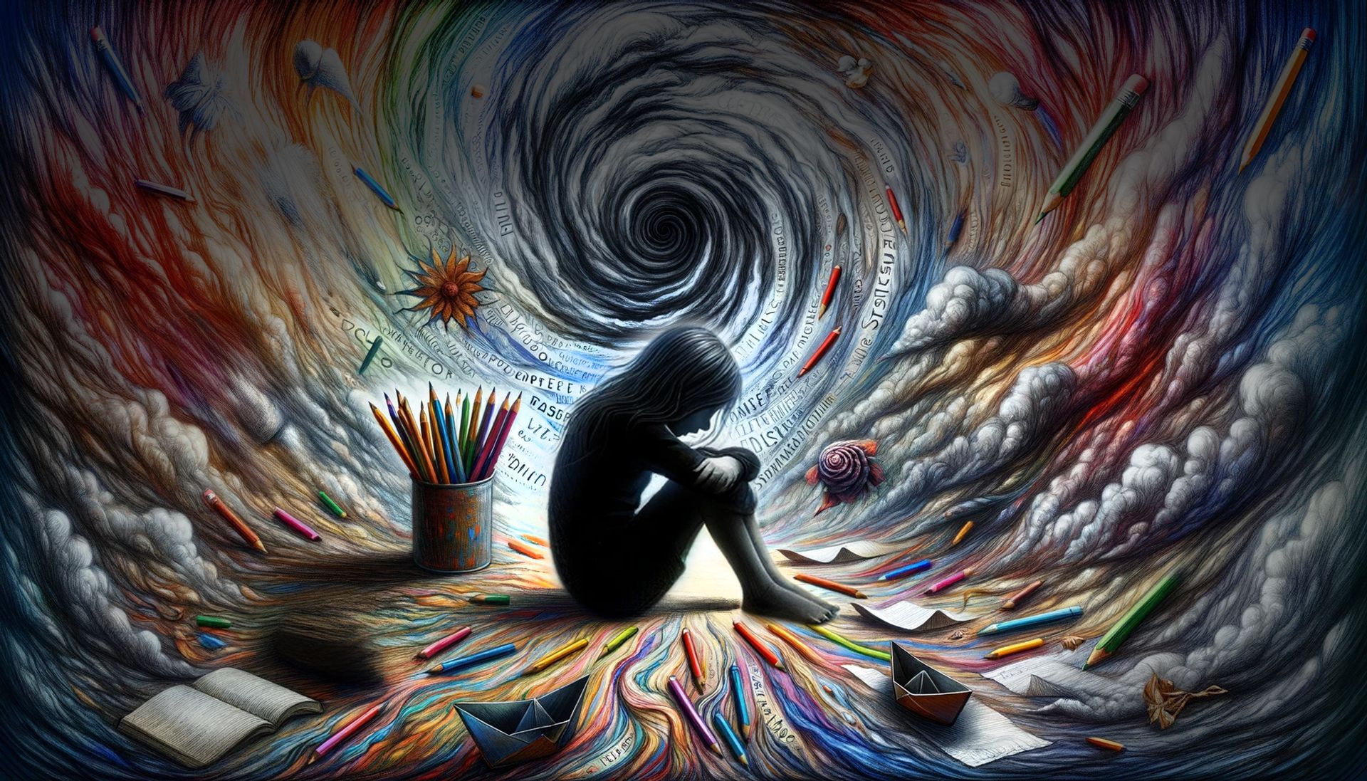 a painting of a girl surrounded by colored pencils and a dark storm that is sucking her in.