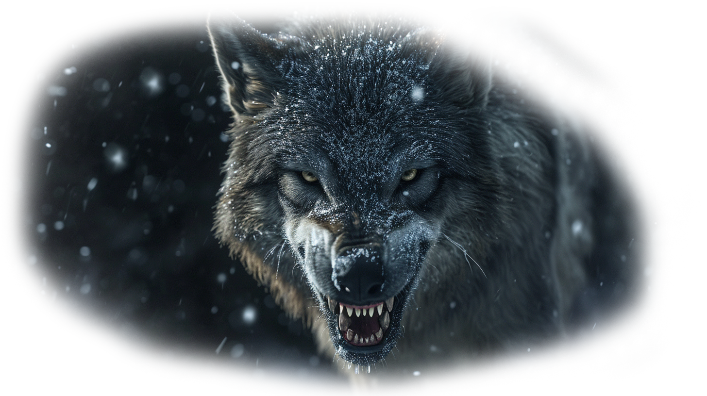 a close up of a wolf with its mouth open in the snow