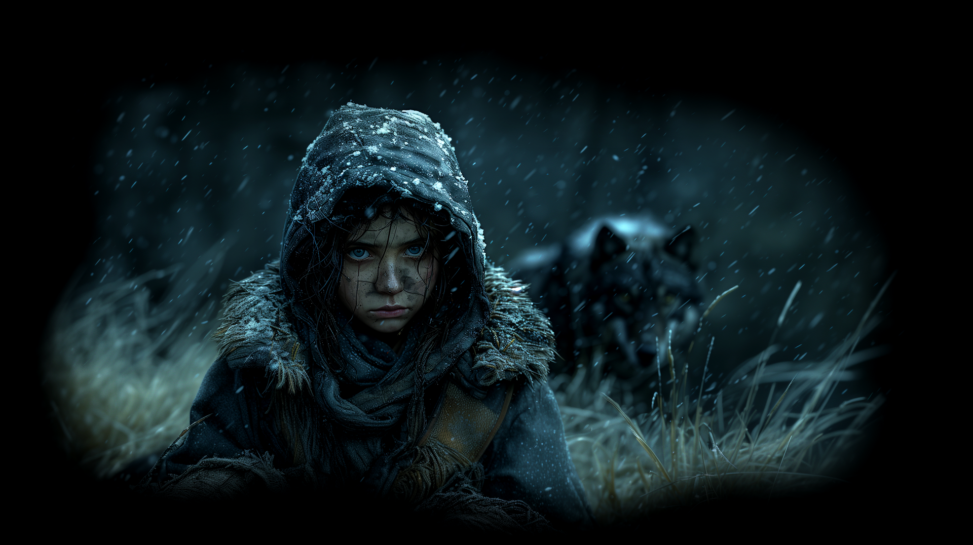 a little girl in a hooded jacket is sitting, a wolf in the snow behind her.
