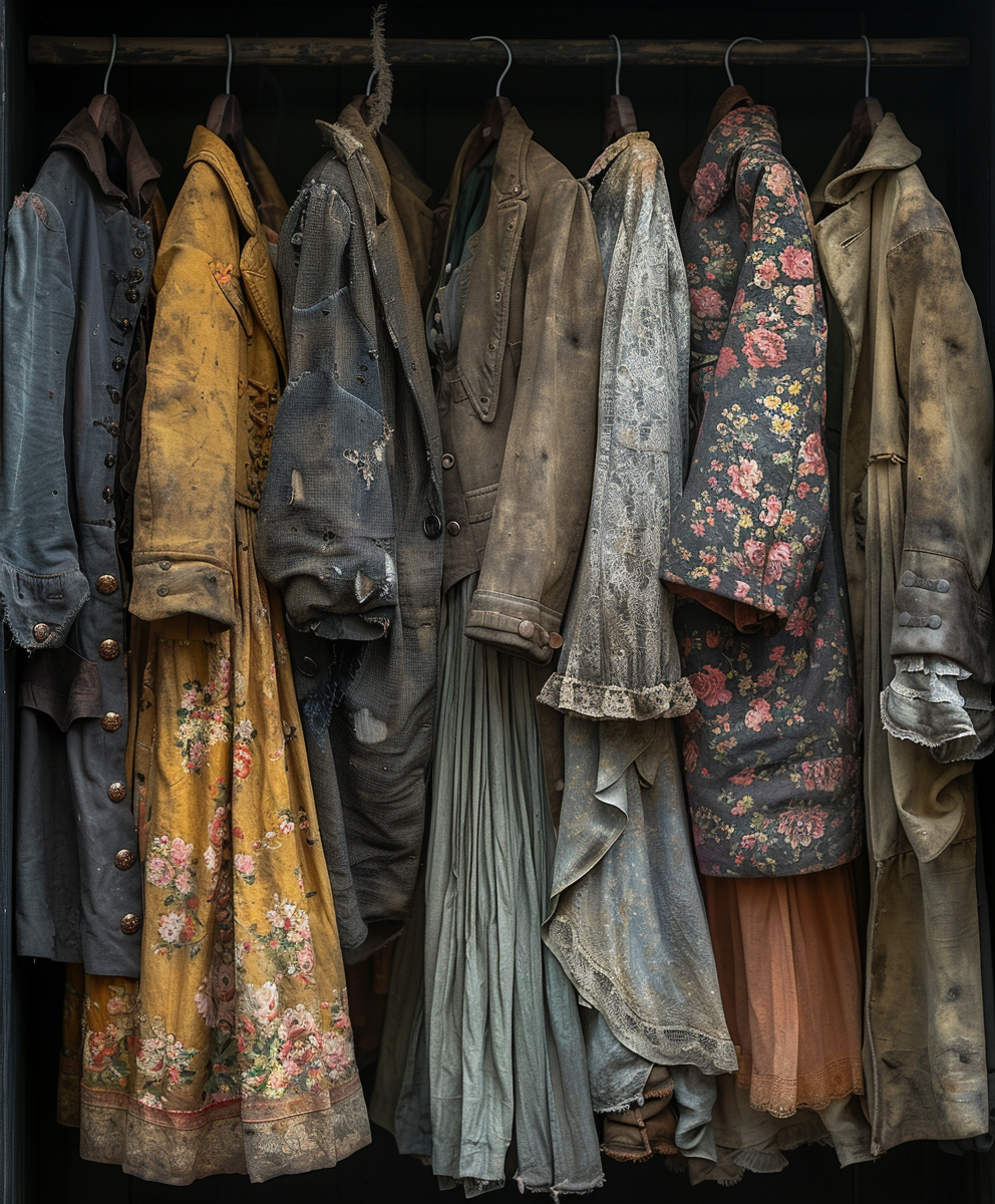 a closet full of dirty clothes hanging on a rack