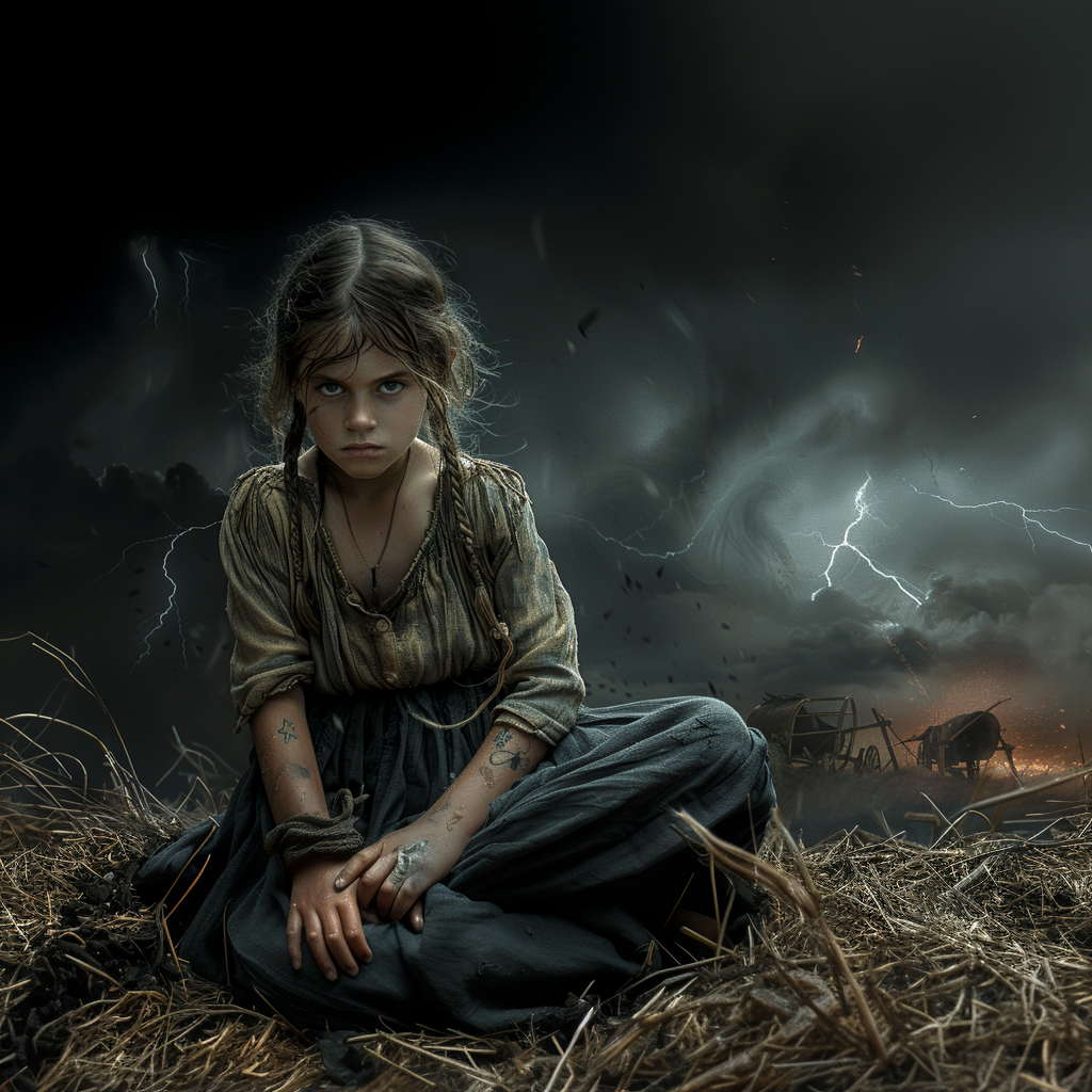 a little girl is sitting in a field with lightning in the background