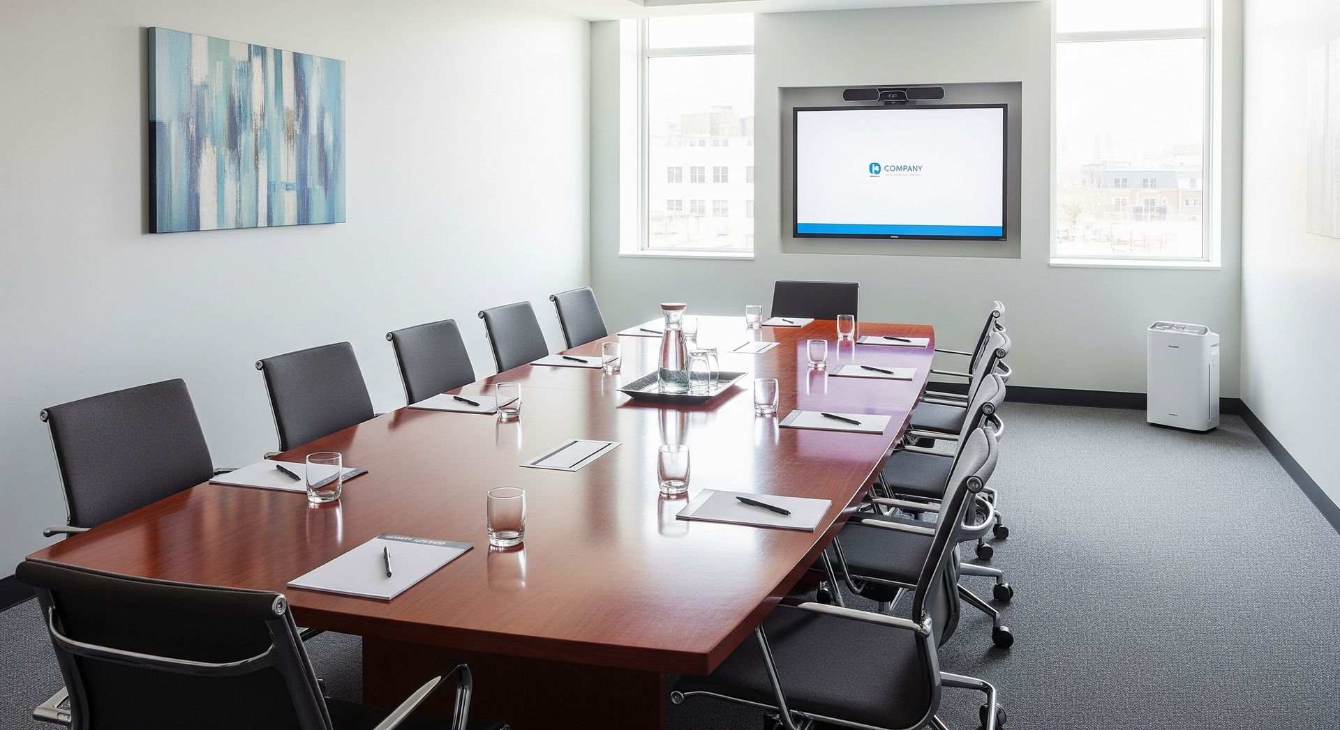 Conference room with long wooden table, chairs, and TV screen.