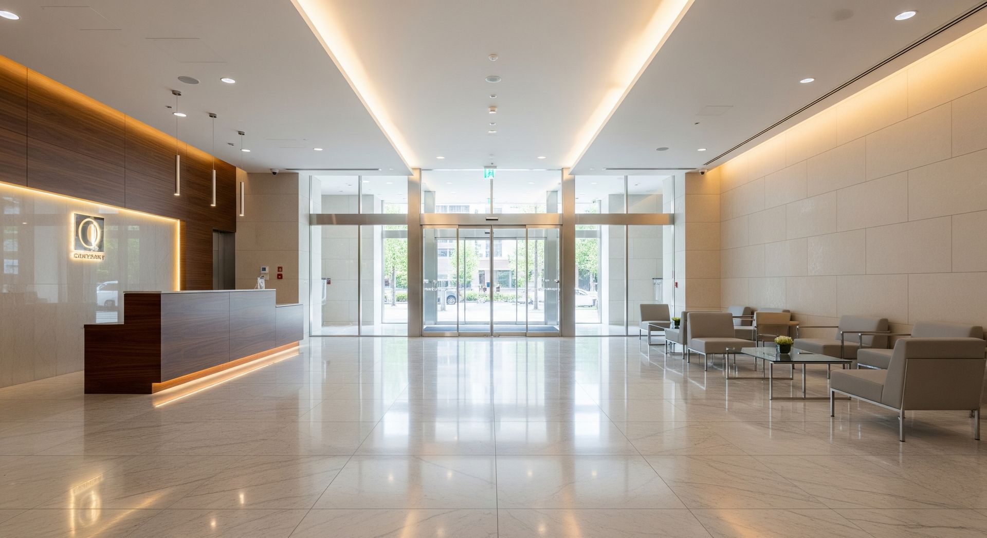Polished office lobby. Reception desk, seating, automatic doors. Light, airy, warm. Gleaming floors.