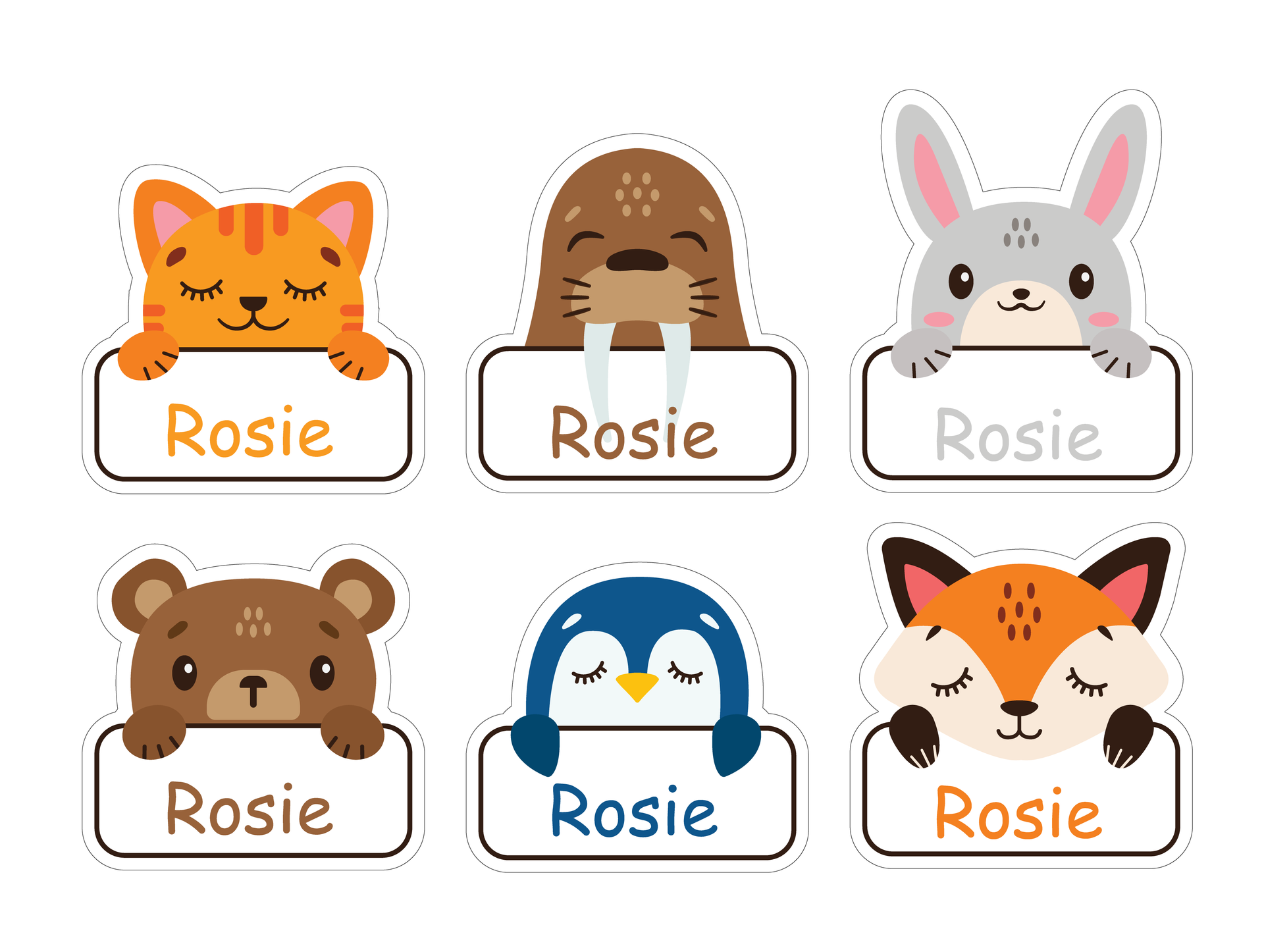 A set of name tags with animals and their names.