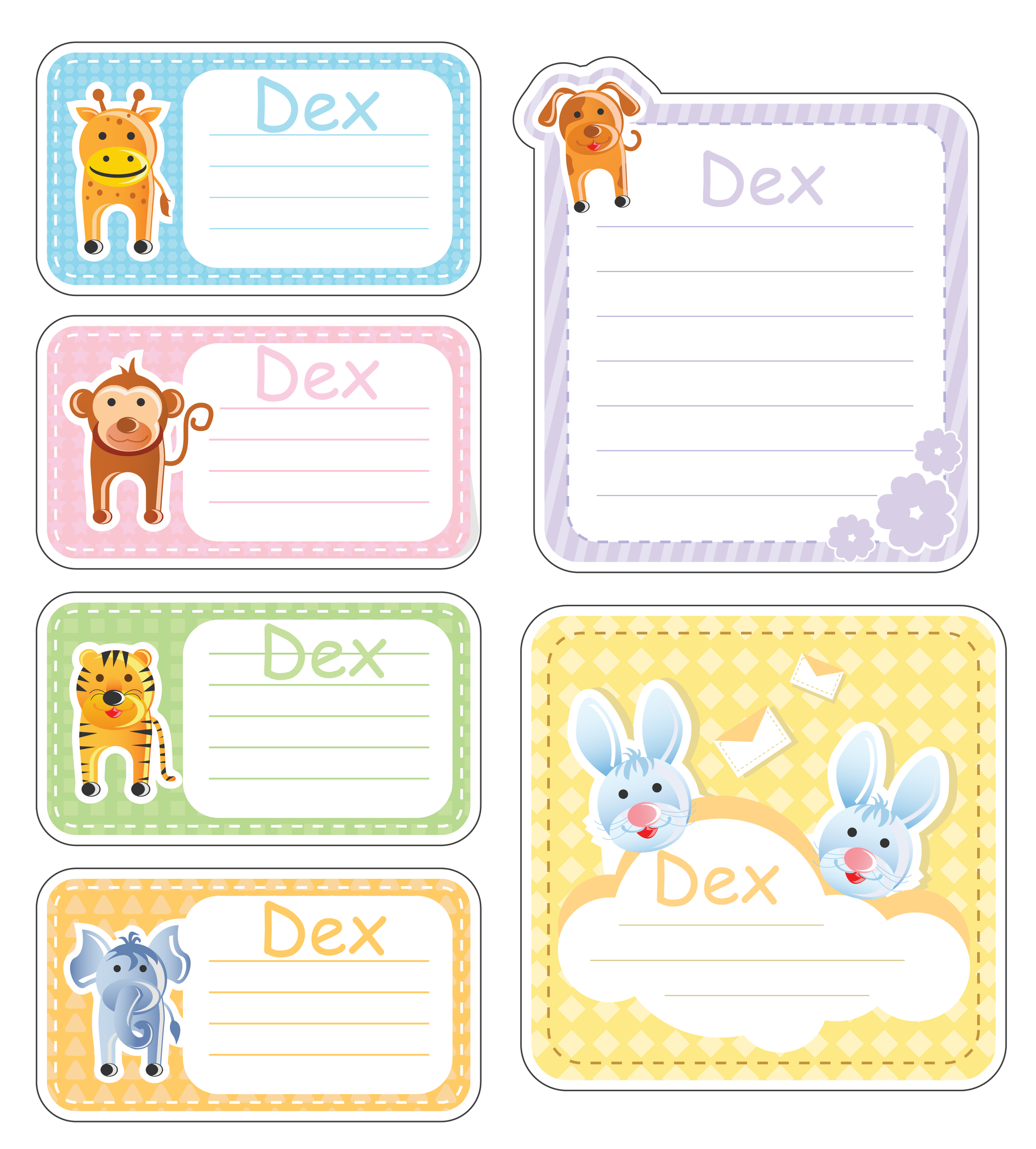 A set of name tags with animals and the name dex