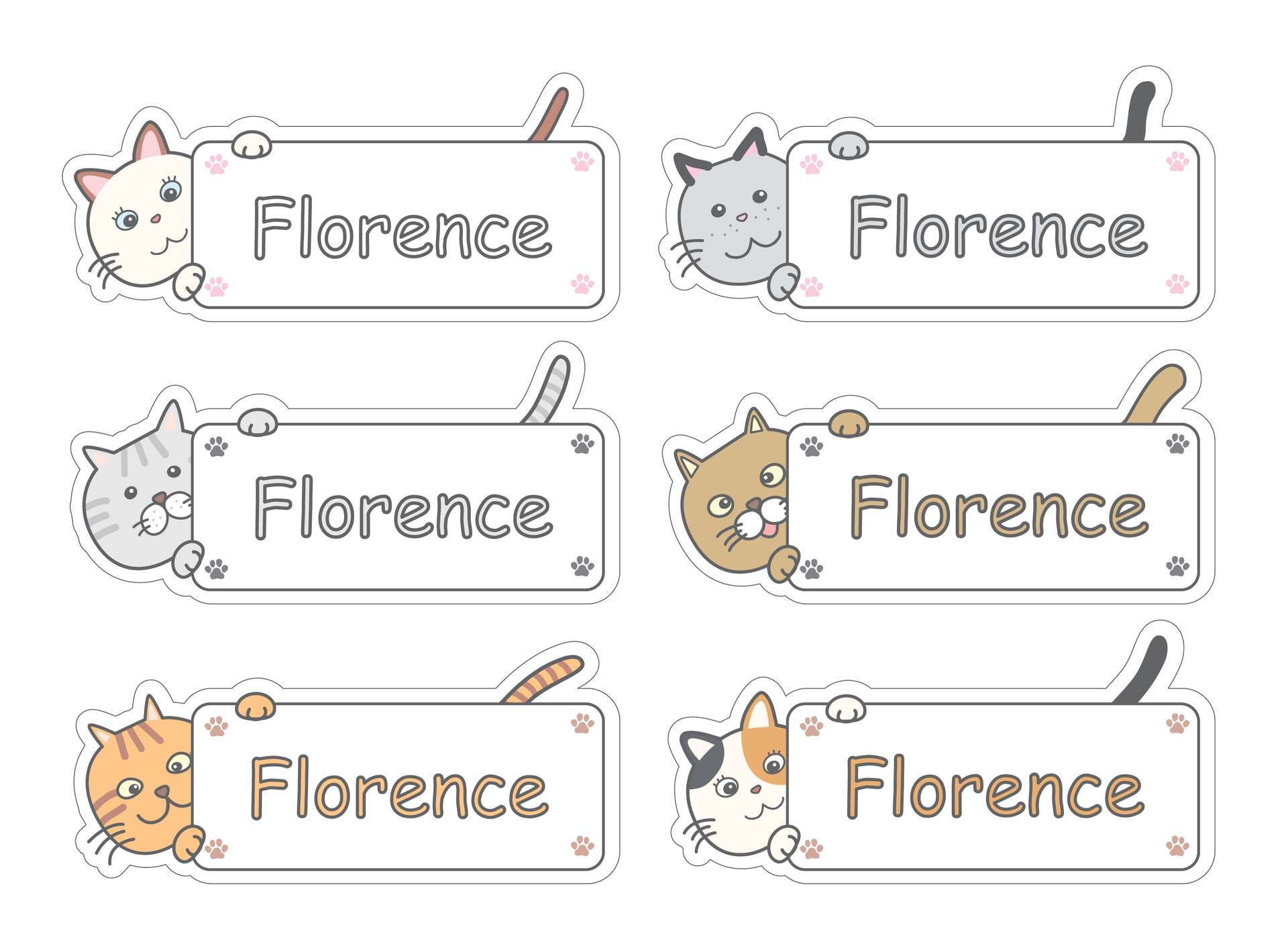 A set of stickers with cats and the name florence.