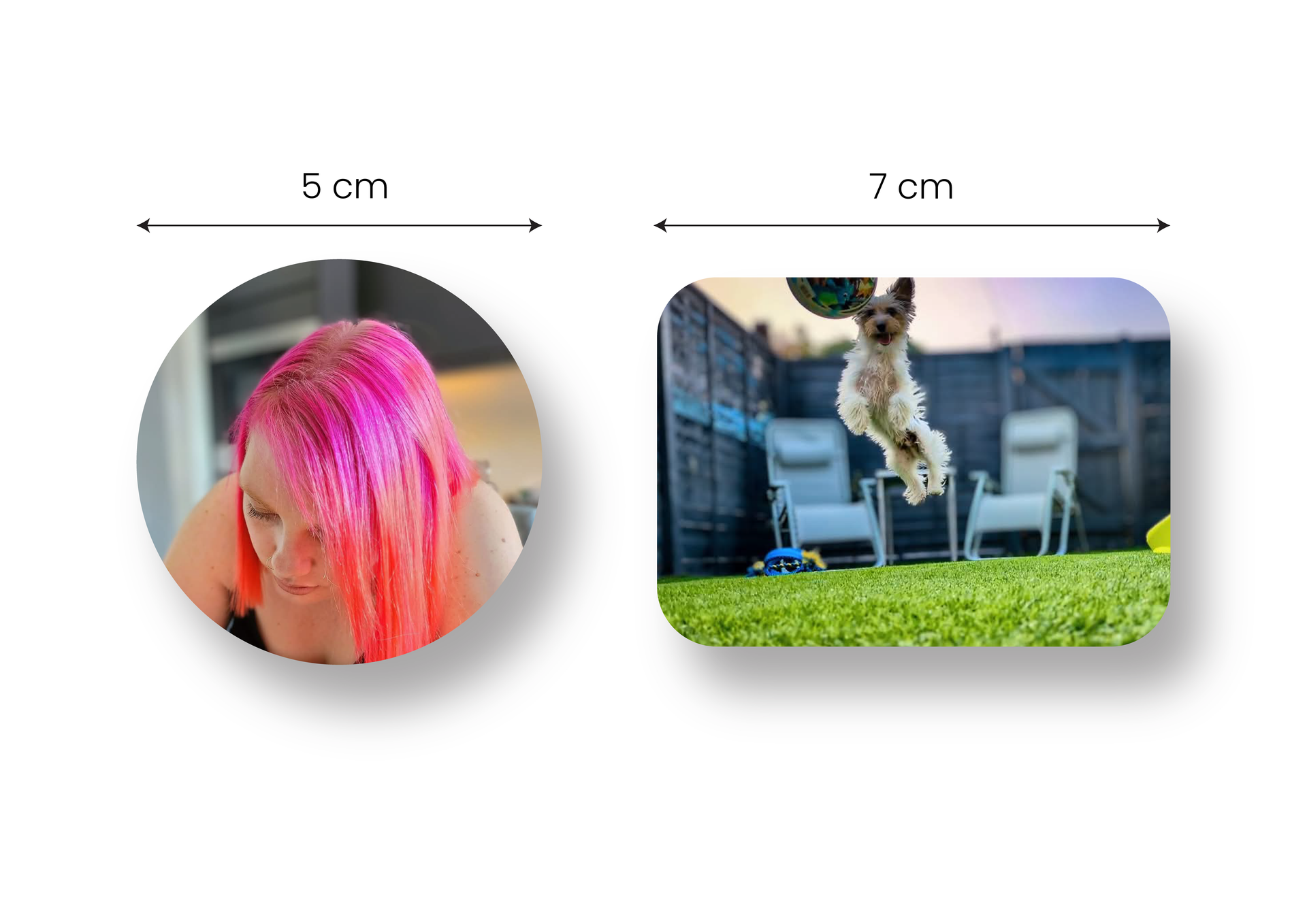 A picture of a woman with pink hair and a picture of a dog jumping in the air.
