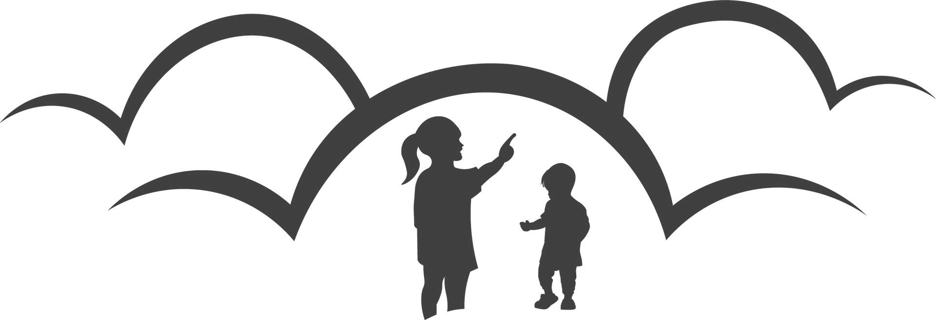 A silhouette of a boy and a girl standing under a rainbow.