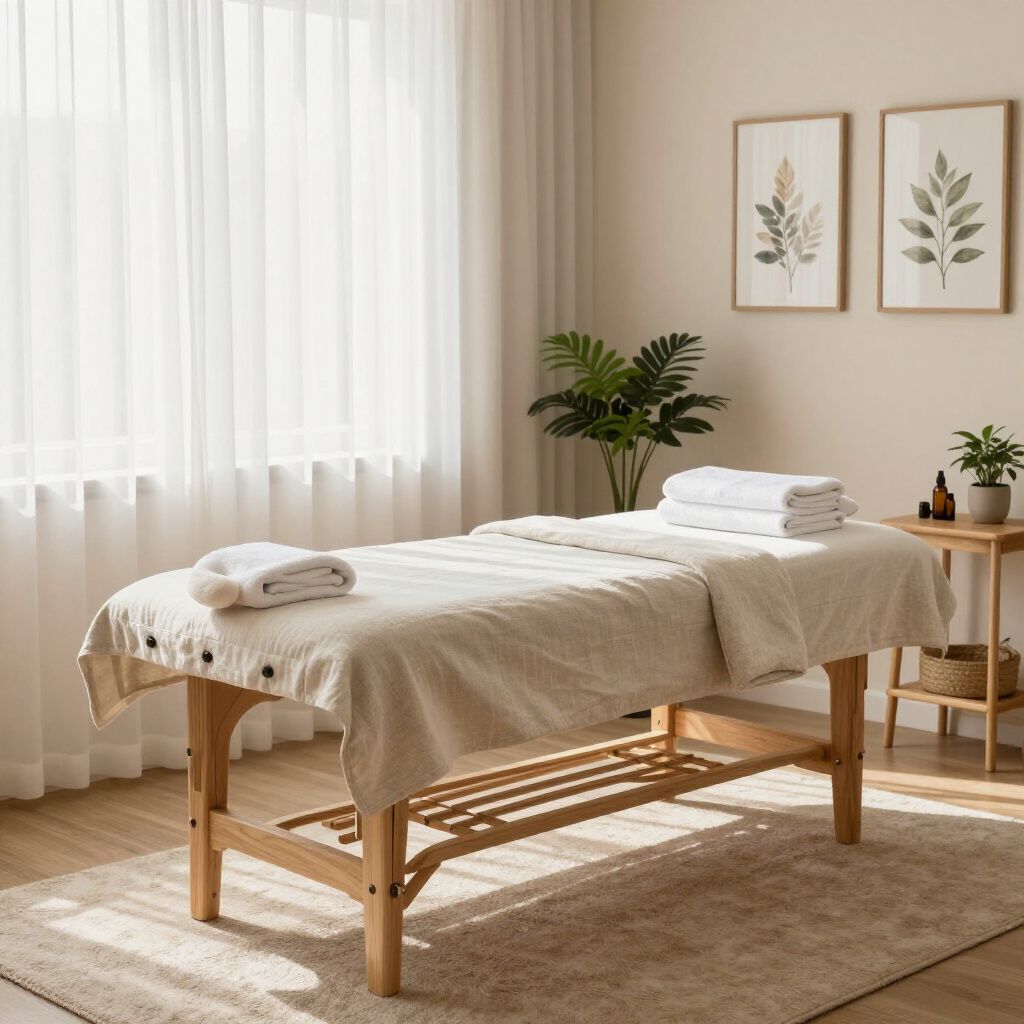 Spa-behandelkamer met massagetafel, medische apparatuur en productplanken.