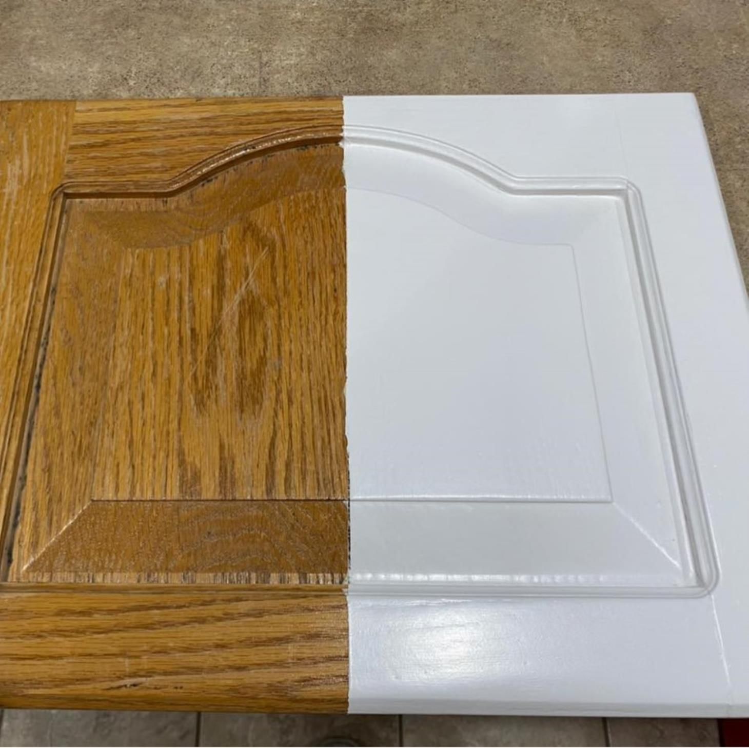 A before and after picture of a wooden cabinet door being painted white.