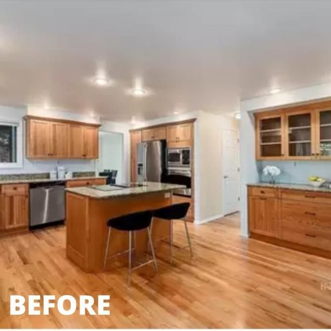 A before picture of a kitchen with wooden cabinets and stainless steel appliances