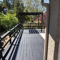A black deck with a black railing and trees in the background.