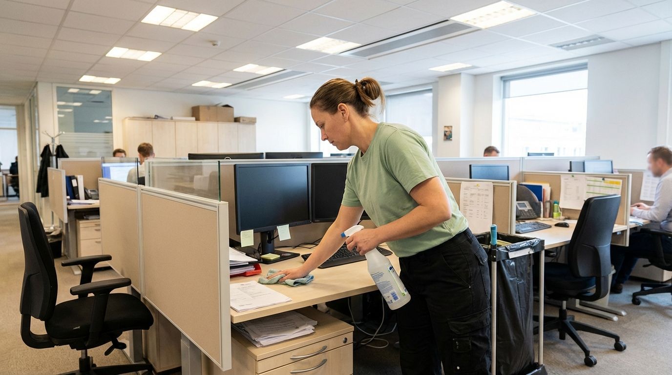 Commercial cleaner sanitizing office workstation desk inside corporate workspace during janitorial cleaning service
