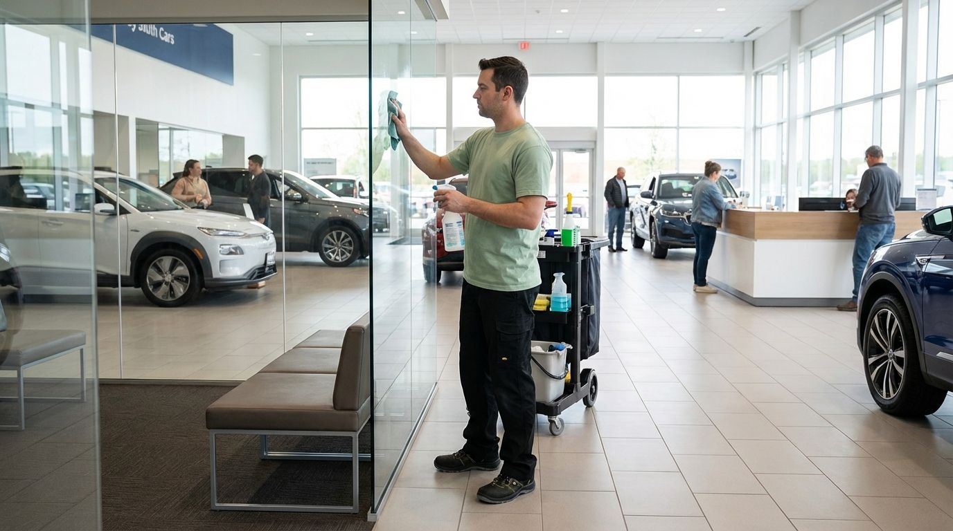 Janitorial staff cleaning showroom glass wall inside auto dealership during commercial facility cleaning service.
