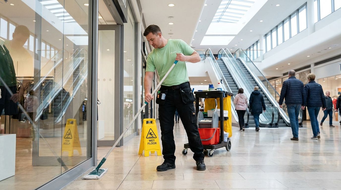 Janitorial staff mopping shopping center floor near escalators during routine commercial cleaning service.