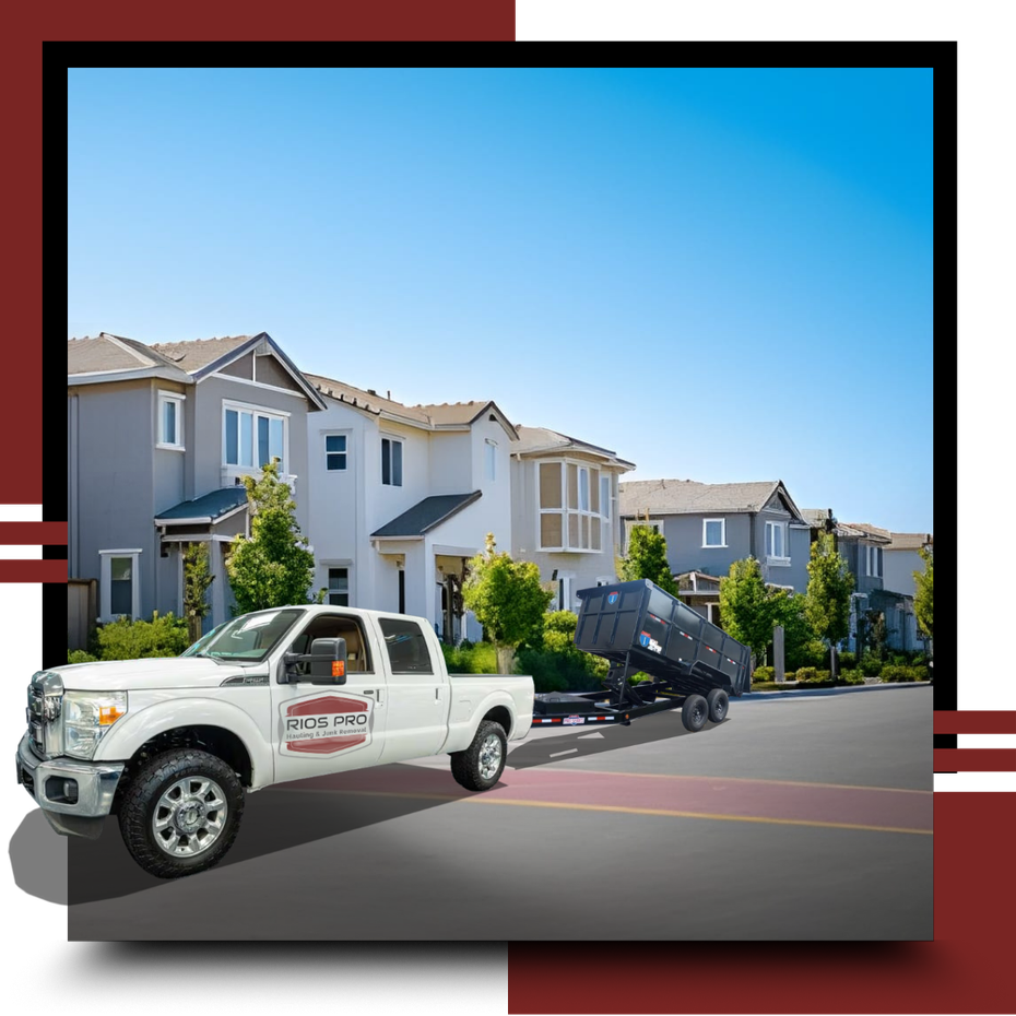 Rios pro junk removal pick up vehicle parked in front of houses
