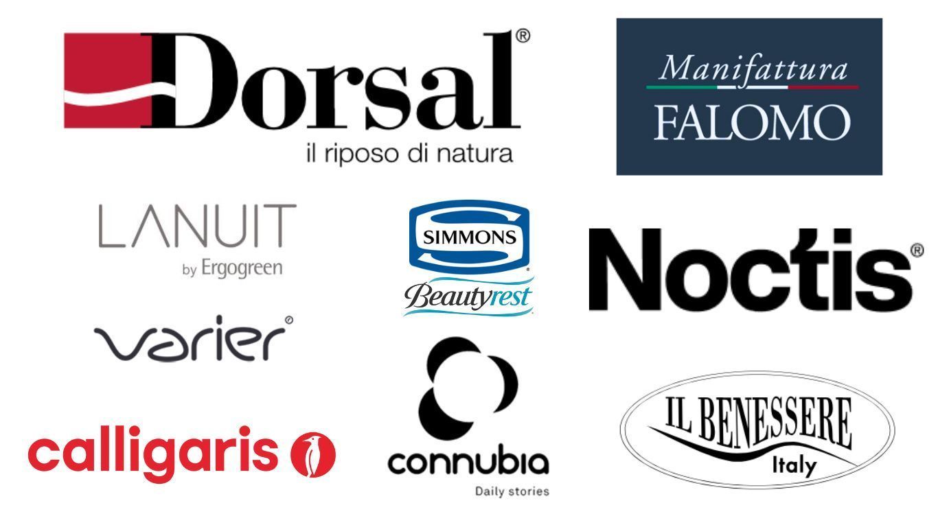 Loghi di vari marchi di arredamento, tra cui Dorsal, Falomo, Simmons e Calligaris.