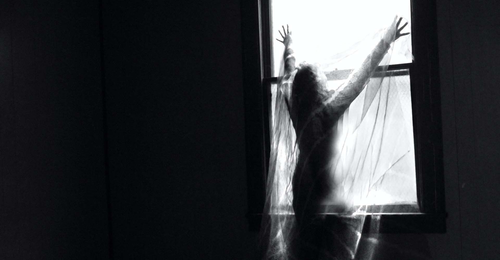 Woman Standing At The Window With Wedding Veil