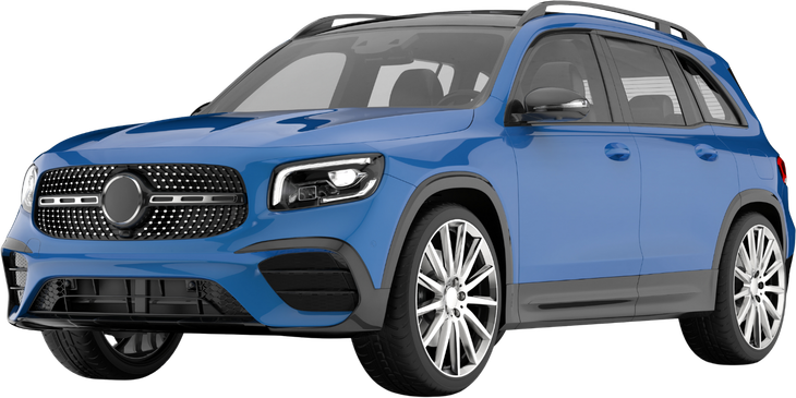 A blue mercedes benz glb is shown on a white background.