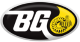 A close up of a bg logo on a white background.