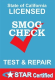 A blue sign that says smog check test and repair