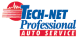 The logo for tech-net professional auto service is blue and red.