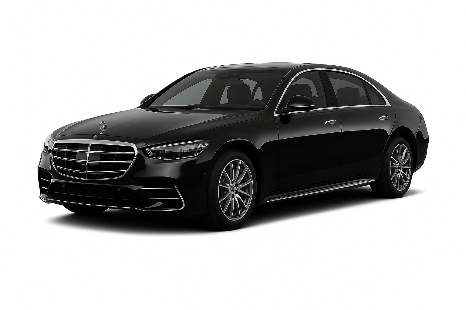 Black Mercedes-Benz S-Class sedan, parked, angled view.