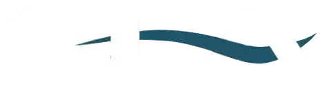 Teal and white abstract logo with a curved line and angular elements.