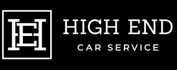 Logo for High End Car Service: white text on black background. 
