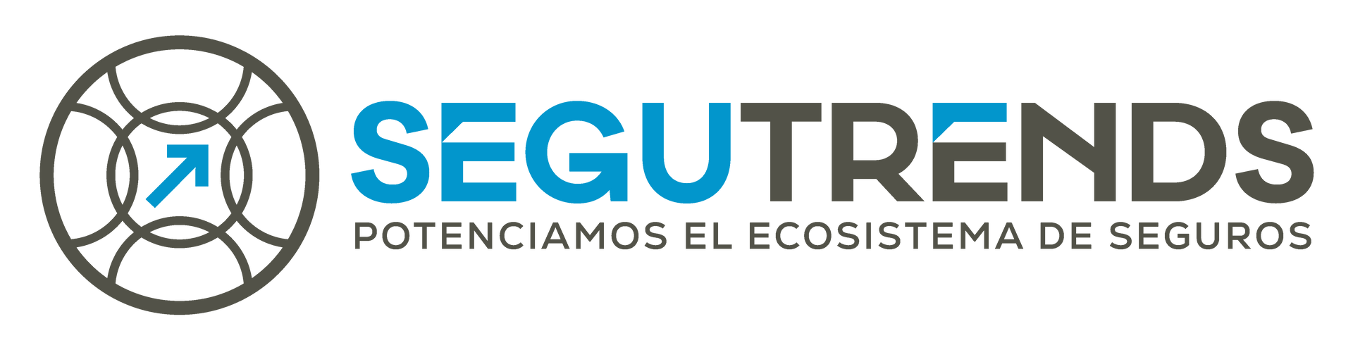 Un logotipo para seguitrends con una flecha azul apuntando hacia arriba.