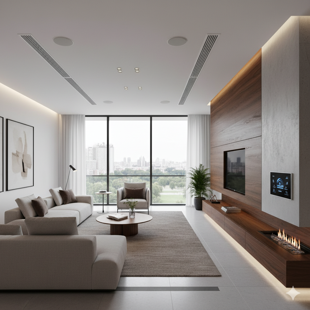 Soggiorno moderno con colori neutri, una grande finestra e una parete decorativa in legno.