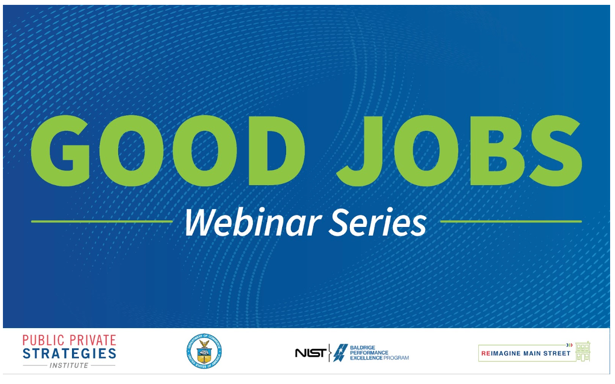 A blue sign that says good jobs webinar series