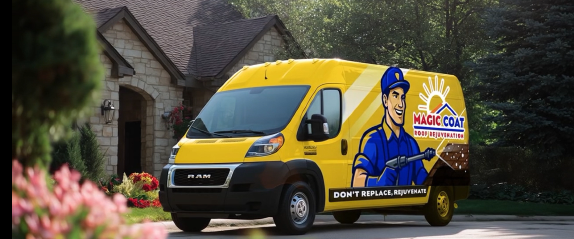 A yellow van with a man on the side is parked in front of a house