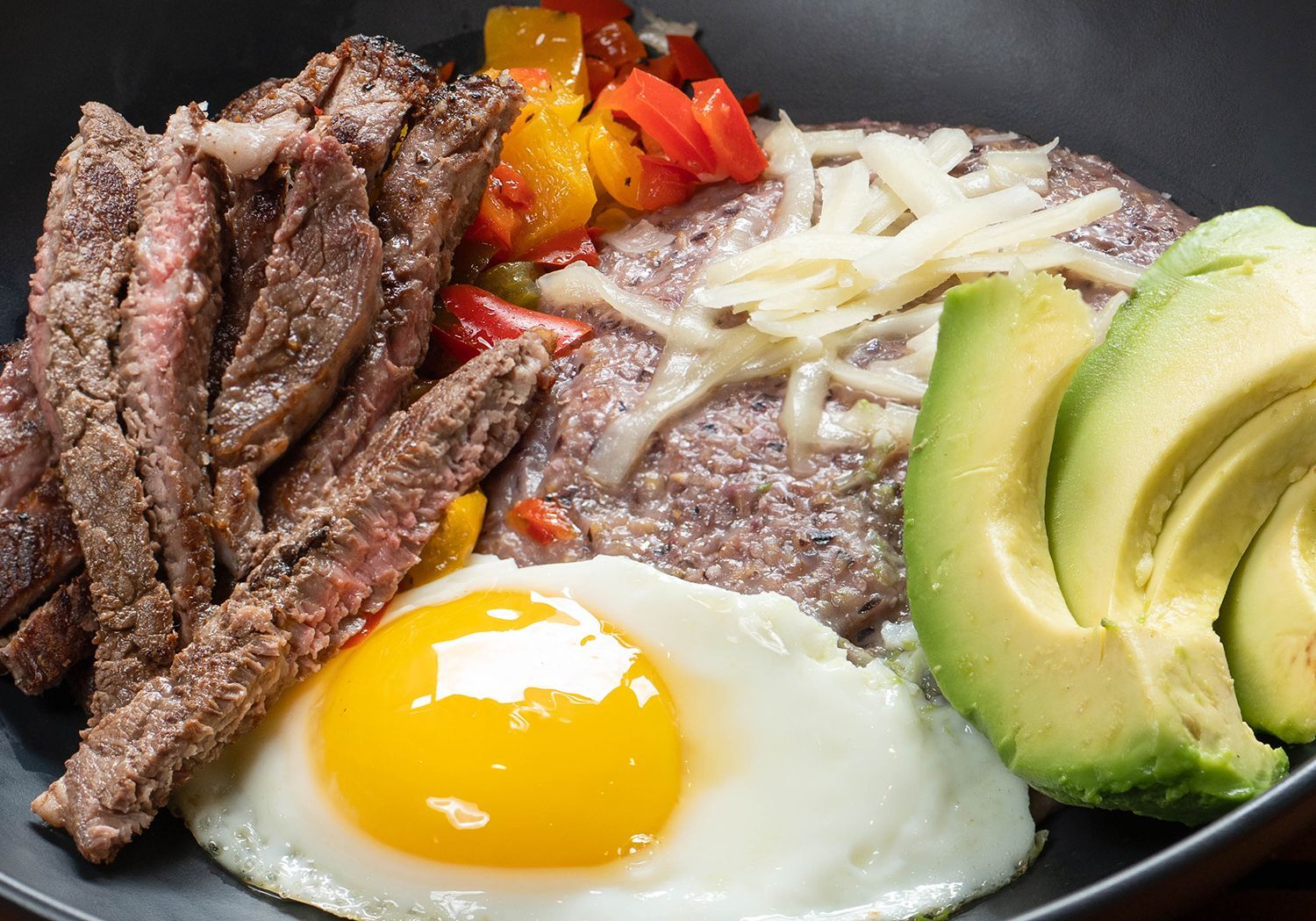 A close up of a plate of food with eggs avocado and steak