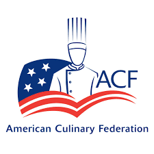 The logo for the american culinary federation shows a chef holding an american flag.
