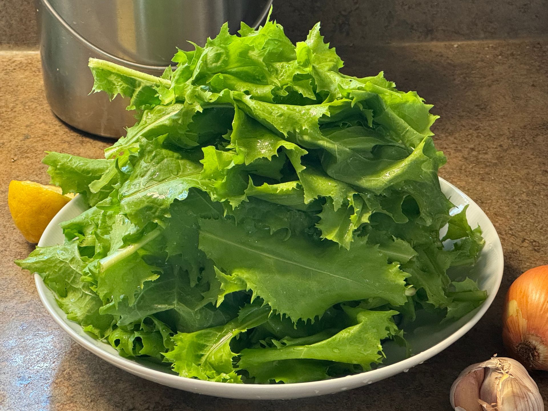 A plate of lettuce sits on a counter next to onions and garlic