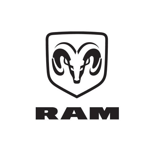 A black and white logo for dodge ram with a ram head on a shield.