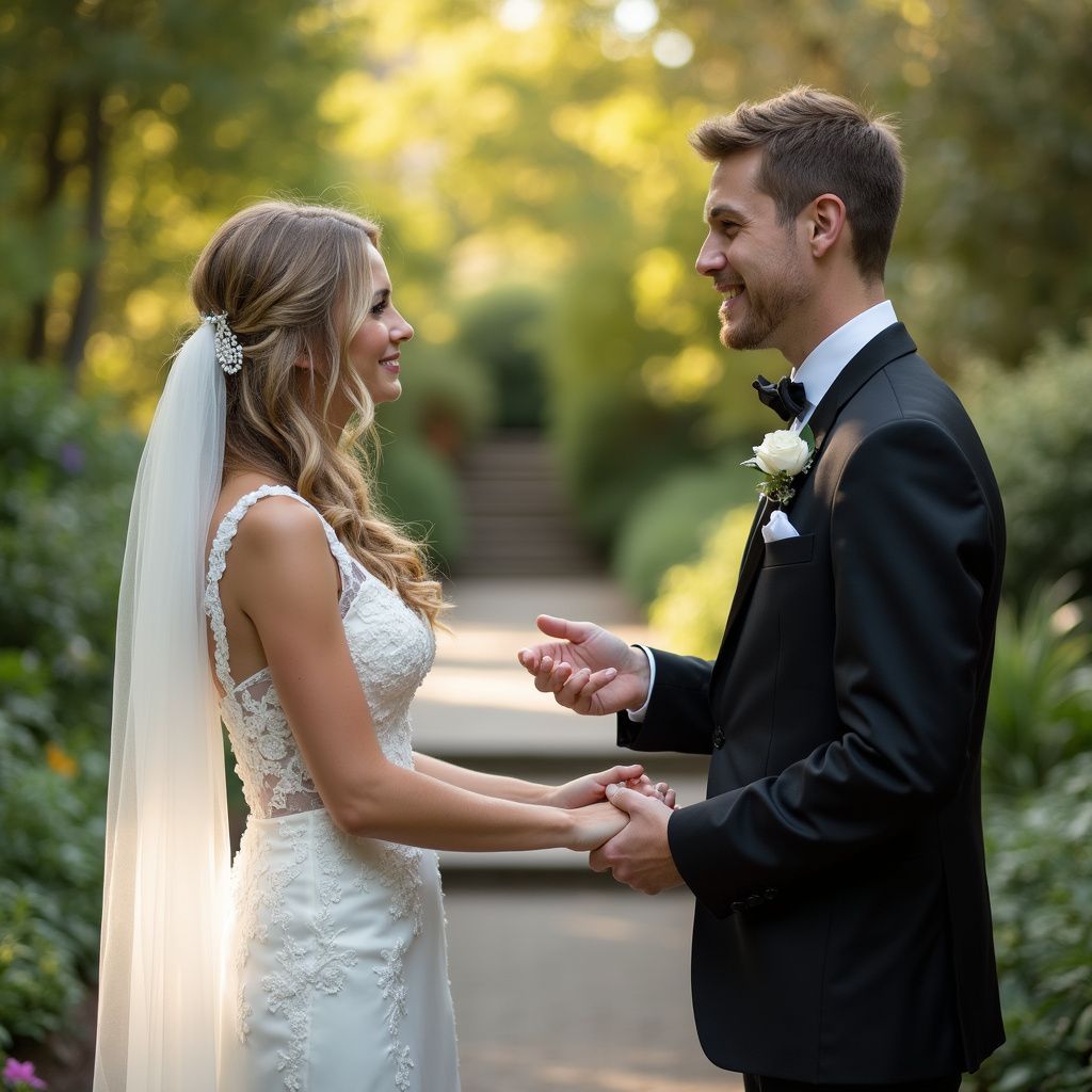 Bride and groom holding hands, smiling, during a wedding ceremony in a garden setting.