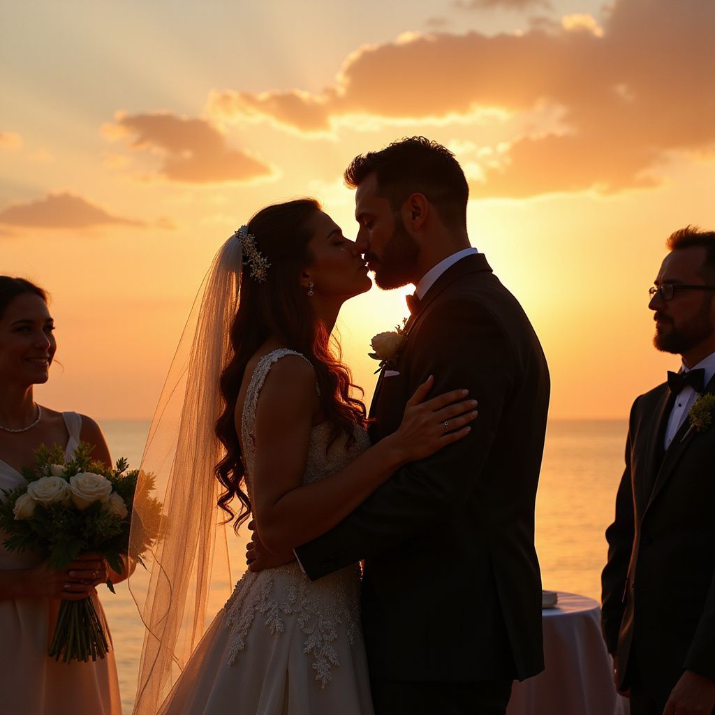 Couple kissing at sunset wedding ceremony, ocean backdrop, bridesmaid and groomsman present.