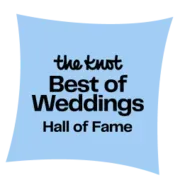 The Knot Best of Weddings Hall of Fame award badge, light blue background, black text.