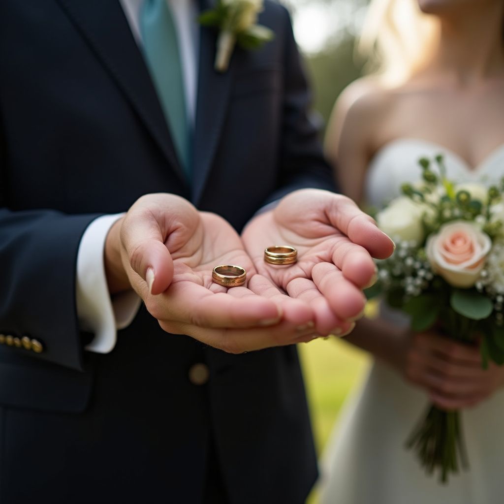 Groom in navy suit holds wedding rings, bride with bouquet blurred in background.