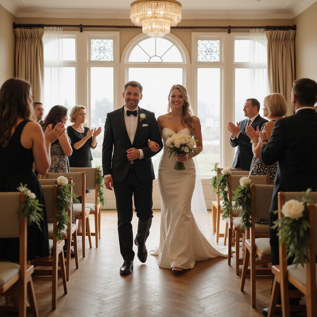 Newlyweds walking down aisle, guests applauding, bright room with large window.