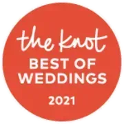 Red circle with white text: The Knot Best of Weddings 2021 award.