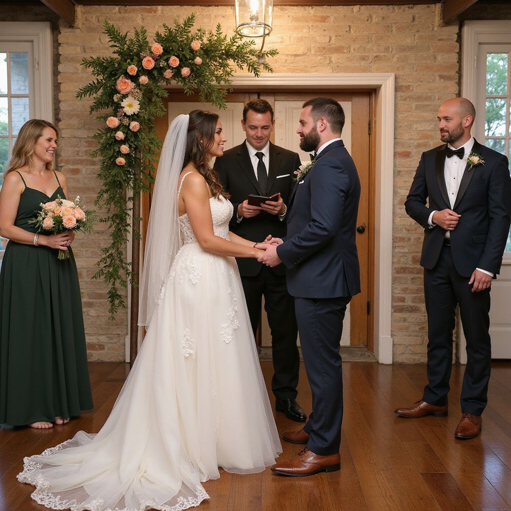 Bride and groom at wedding ceremony, holding hands. Bridesmaid and best man stand nearby.